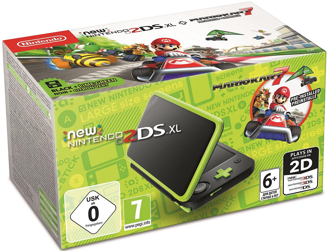New Nintendo 2DS XL Black + Lime Green [Mario Kart 7 Pre-installed] - PAL Console [Import]
